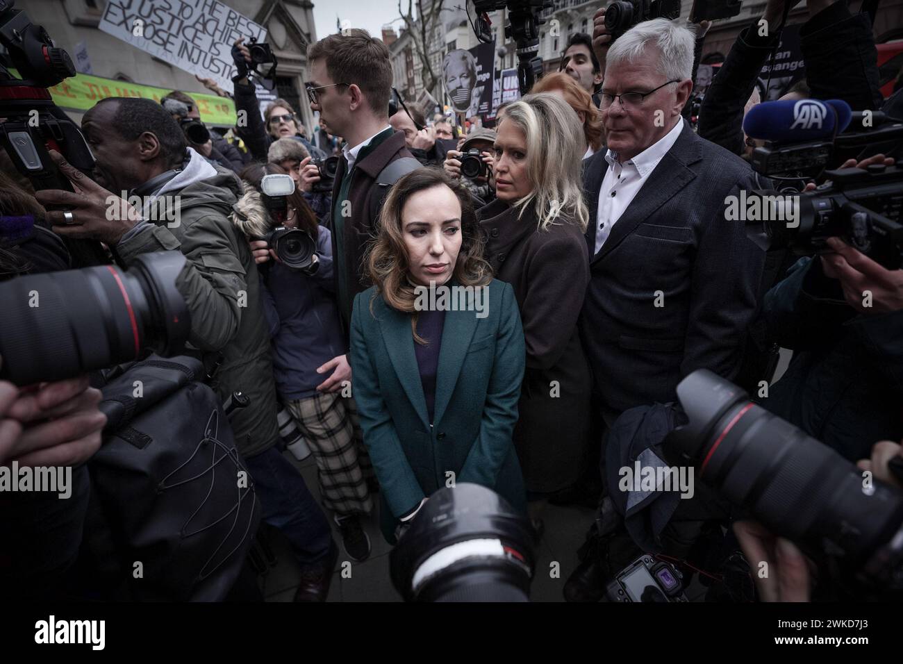 London, UK. 20th February 2024. Stella Assange with Julians legal team prepare to enter court for the two-day Julian Assange hearing at the Royal Courts of Justice to weigh up whether the WikiLeaks founder can be granted leave to appeal against the 2022 decision of extradition to the US where he could face life in prison if convicted of spying charges. Credit: Guy Corbishley/Alamy Live News Stock Photo