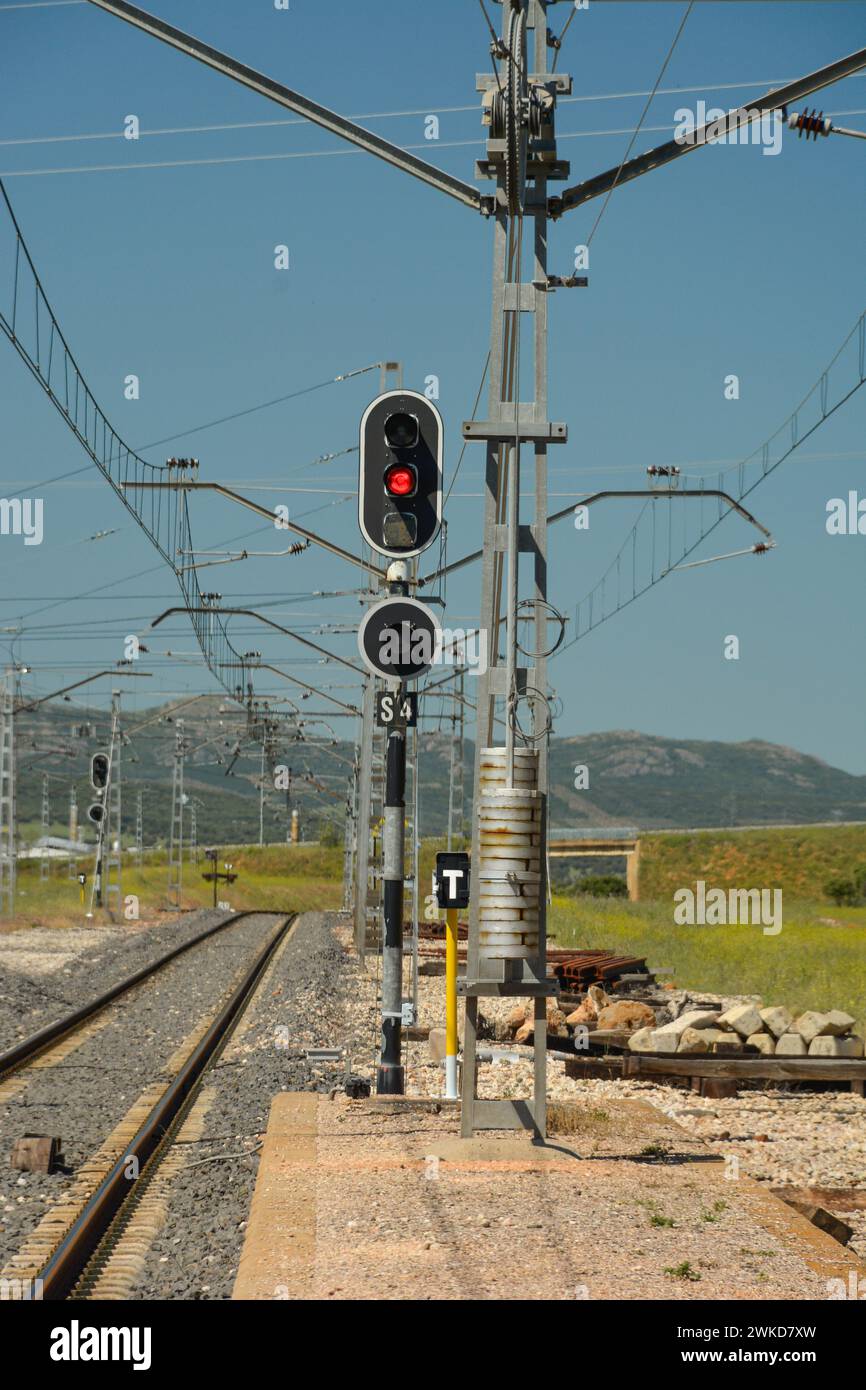 Railway signals, La Nava railway station, Puertollano Stock Photo