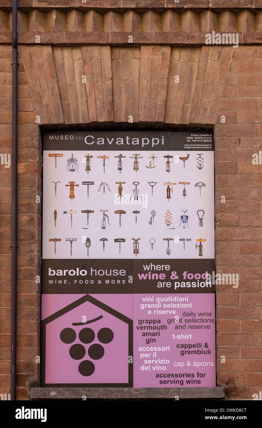 Barolo, Italy - Sept 9, 2022: A sign advertising the Corkscrew Museum in Barolo. Its collection features 500 corkscrews from all over the world, produ Stock Photo