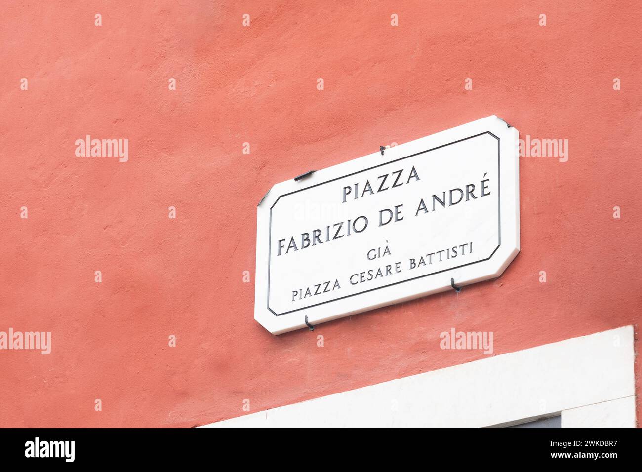 Carrara, Italy - February 20, 2024 - The plaque in the square dedicated to the Italian singer-songwriter Fabrizio De Andrè Stock Photo