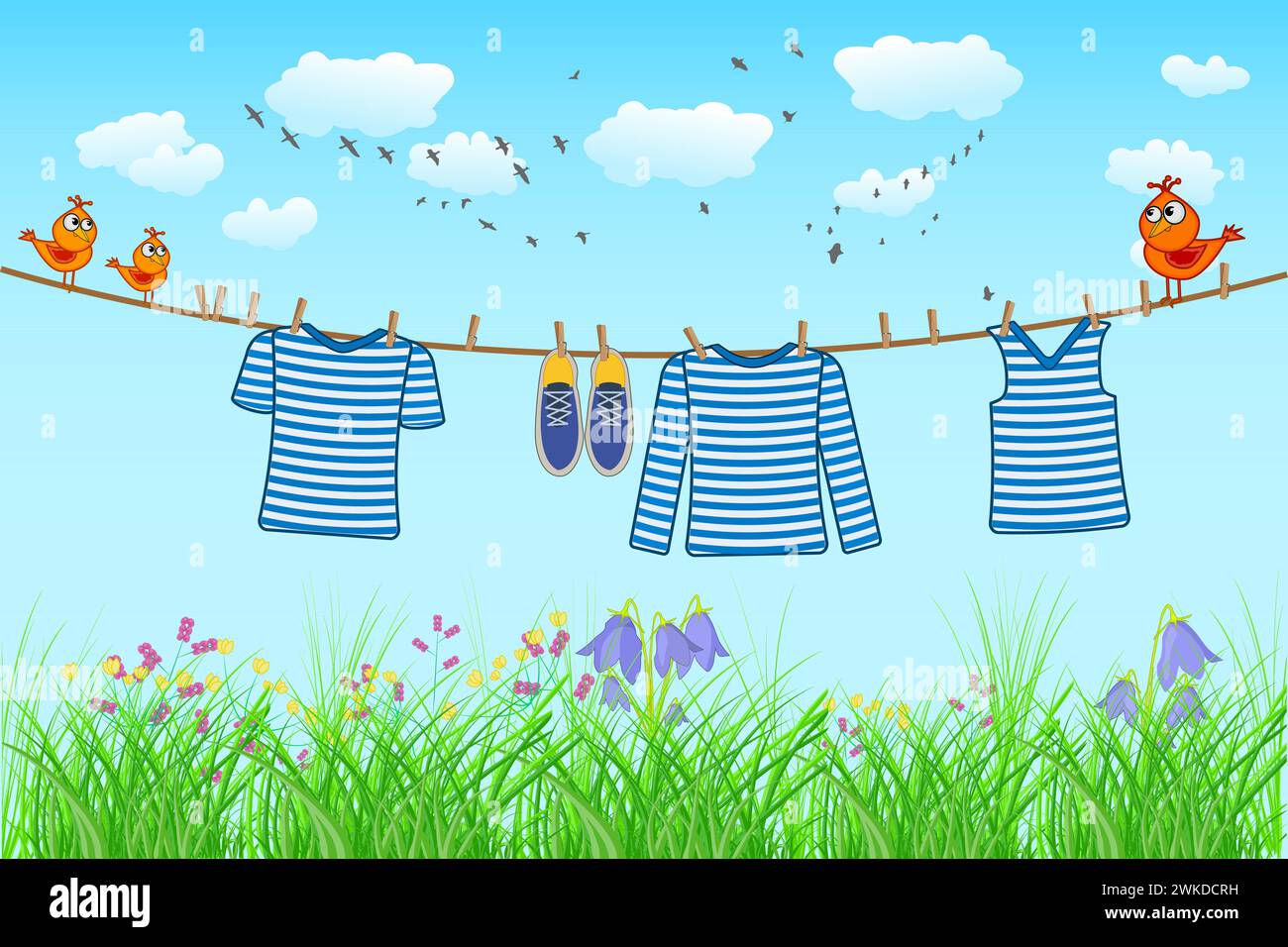Striped shirt hang on rope, sky and grass. Laundry hanging on washing line on sunny day. Clear shirt and shoes drying on clothesline and birds. Vector Stock Vector
