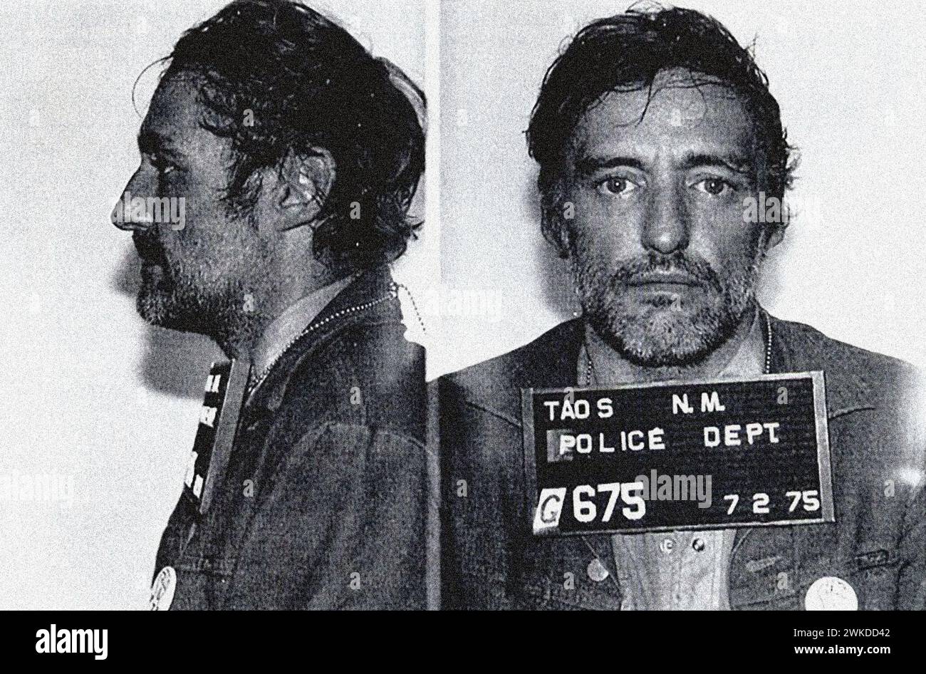 Dennis Hopper mug shot, 1975 - arrested by New Mexico police, July 1975 and charged with reckless driving, failure to report an accident, and leaving the scene Stock Photo