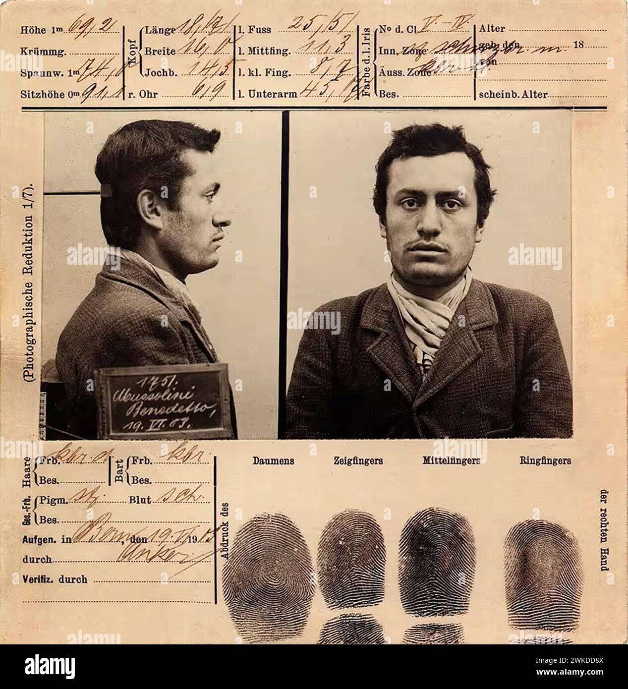 Italian dictator Benito Mussolini mugshot. Switzerland - 1903 Stock Photo