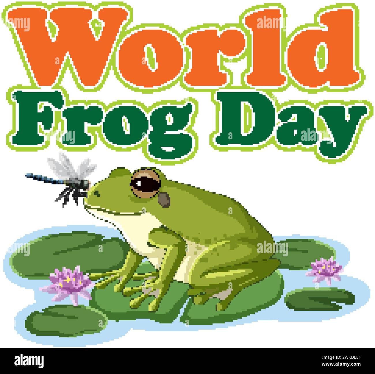 Green frog catching a fly on World Frog Day Stock Vector