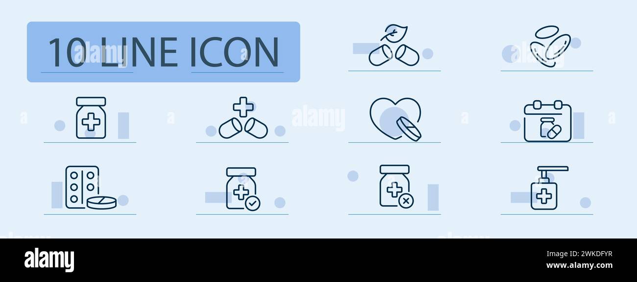 Medicine set line icon. Tablet, blister, heart, tick, cross, calendar, antiseptic. Pastel color background. Vector line icon for business and advertis Stock Vector