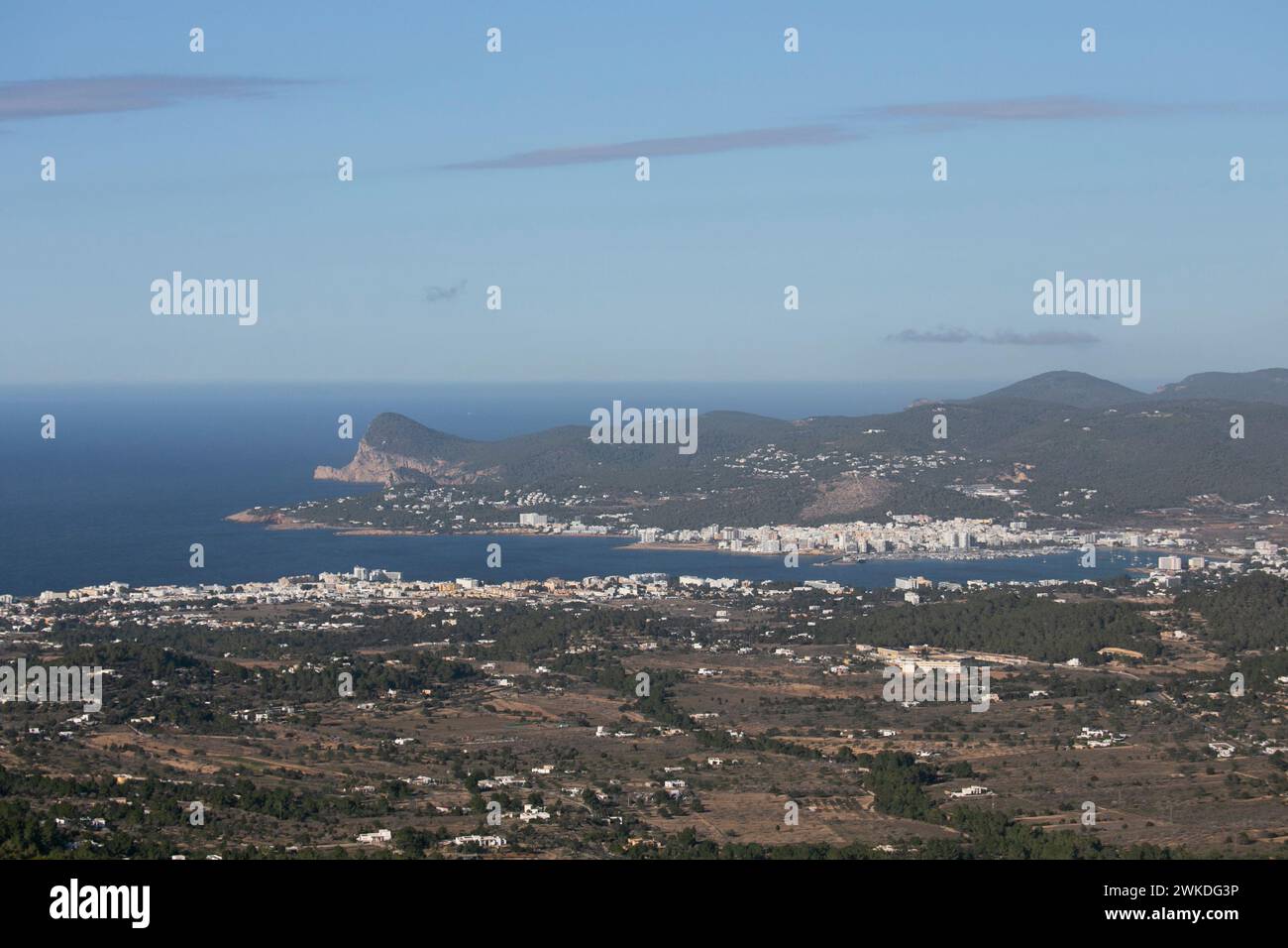Views of the bay of the city of San Antonio on the west coast of Ibiza from the Sa Talaya mountain in Sant Jose. Stock Photo
