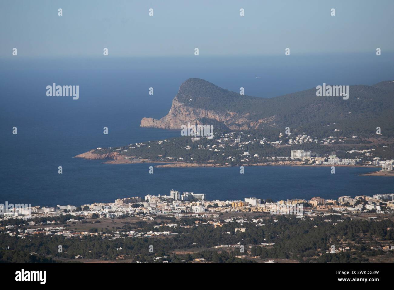 Views of the bay of the city of San Antonio on the west coast of Ibiza from the Sa Talaya mountain in Sant Jose. Stock Photo
