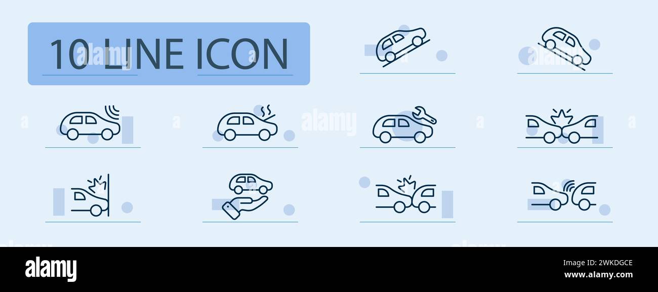 Accident set line icon. Traffic accident, collision, damaged vehicles, emergency responders, road safety. Pastel color background. Vector line icon fo Stock Vector