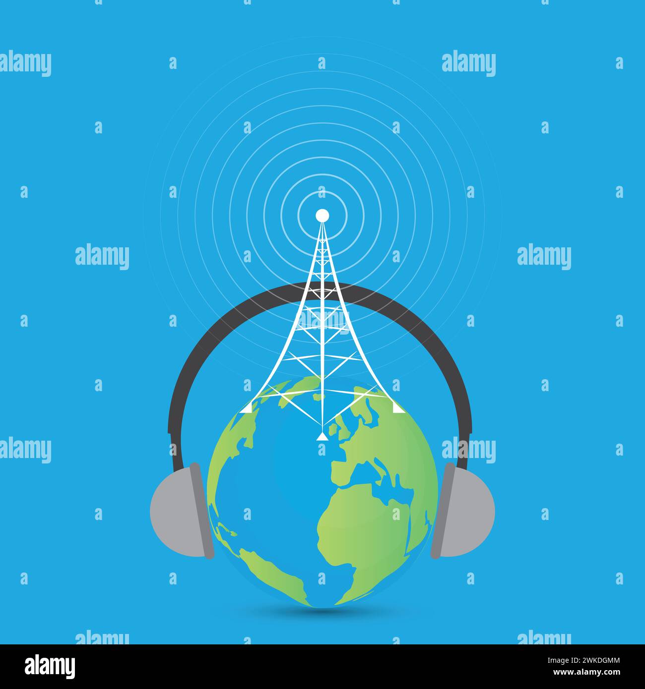 Radio antenna tower on an earth globe with headphones Stock Vector