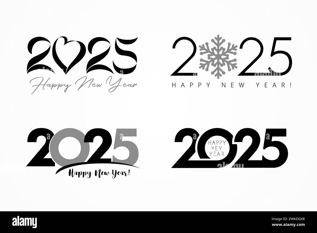 Big set of 2025 logos, text design with heart, snow and simple symbols. Happy New Year 2025, business concept for calendar cover or greeting card Stock Vector