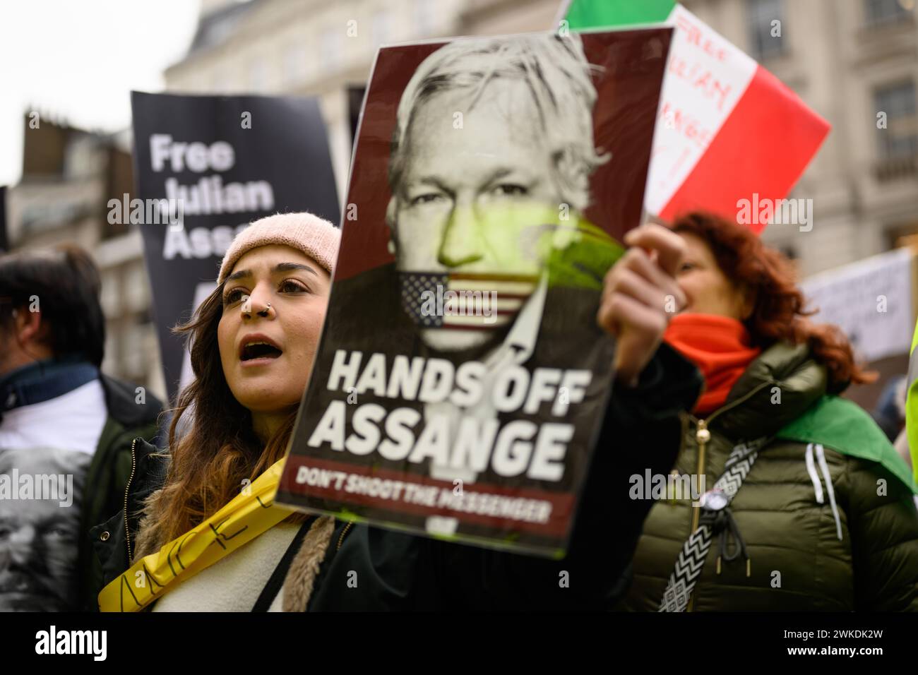 London, UK. 20 Feb, 2024. 20th February 2024: Protesters gather outside the High Court in support of Julian Assange as the WikiLeaks founder launches his latest attempt to fight extradition to the United States. Australian-born Assange is expected to give evidence by video link from Belmarsh High Security Prison where he is being held. Stock Photo