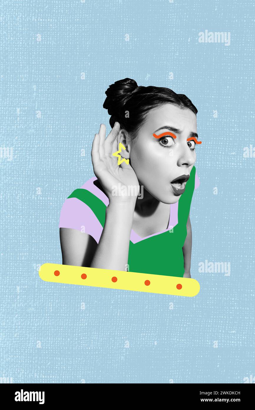 Vertical collage of interested black white effect girl hand ear