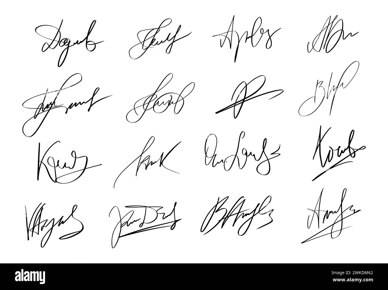 Handwriting Autograph set. Personal fictitious signature calligraphy lettering. Scrawl imaginary name for document. Vector illustration on white Stock Vector