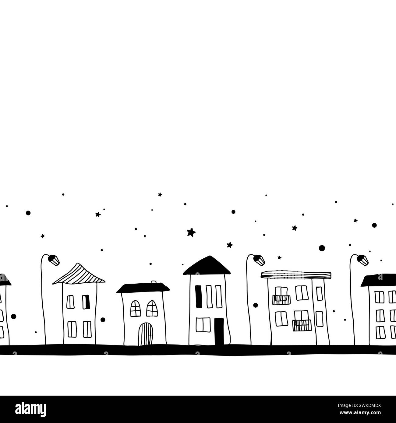 Doodle hand drawn houses, outline seamless border. City streets. Great for fabric, textile, vector illustration. Stock Vector