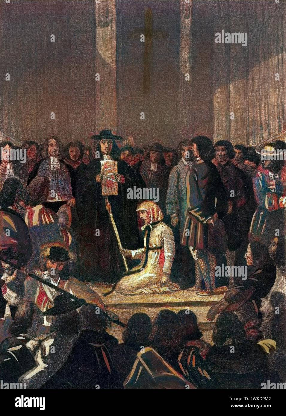 Affair of the Poisons, Marie-Madeleine d’Aubray, Marquise de Brinvilliers (1630–1676), kneeling on the floor of Notre Dame Cathedral in Paris Stock Photo