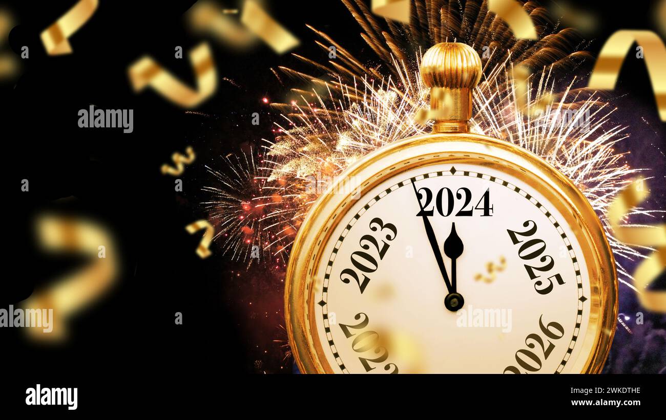 Beautiful vintage gold clock arrows point to 2024 New Year with golden