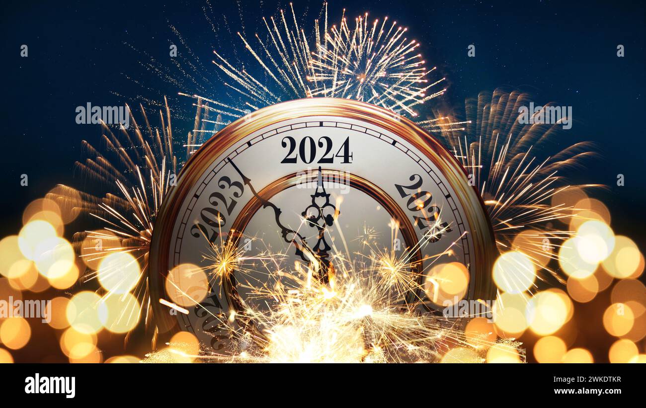 Vintage gold clock New Year 2024 with golden bokeh lights, sparkler and fireworks. New Year 2024 card, creative idea. Christmas Stock Photo