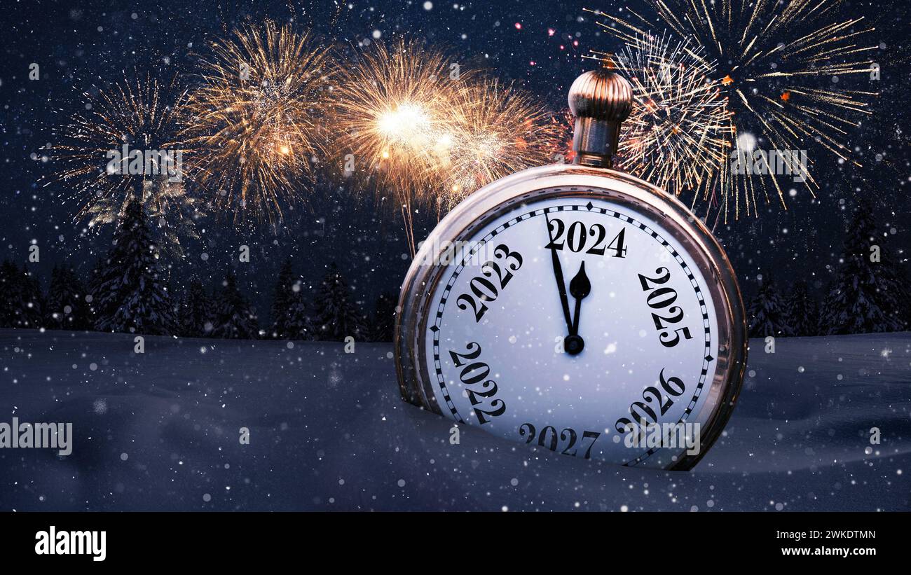 Golden vintage clock points to the New Year 2024 in a snowy field with forest and fireworks at night. Christmas and New Year 2024, card. Creative idea Stock Photo