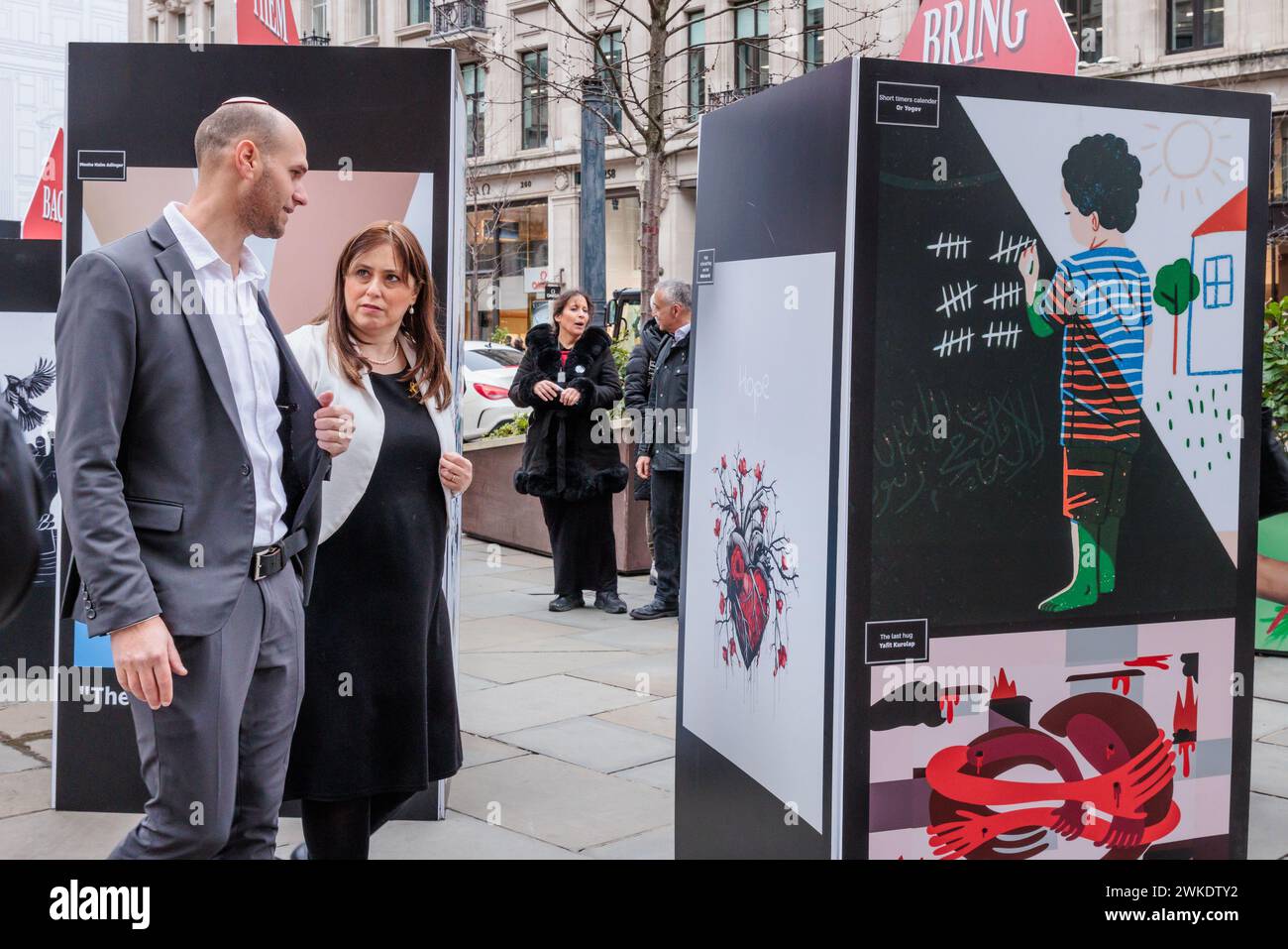 Oxford Circus, London, UK. 20th February 2024. Matan Bar Noy, Head of WZO in the UK and Europe, shows Tzipi Hotovely, Israeli Ambassador to the United Kingdom, visits an Art Exhibition created by artists based in Israel following the horrific events of October 7th.  The World Zionist Organisation’s (WZO) set up a powerful exhibition depicting the collective pain of the Israeli people since the atrocities committed by the terror organization Hamas and illustrate the many facets of grief and concern around those who were kidnapped and murdered. Photo by Amanda Rose/Alamy Live News Stock Photo