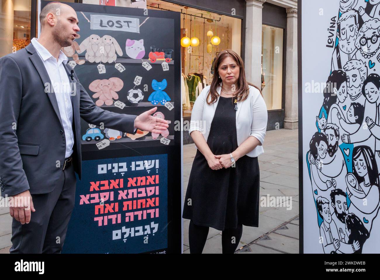Oxford Circus, London, UK. 20th February 2024. Matan Bar Noy, Head of WZO in the UK and Europe, shows Tzipi Hotovely, Israeli Ambassador to the United Kingdom, visits an Art Exhibition created by artists based in Israel following the horrific events of October 7th.  The World Zionist Organisation’s (WZO) set up a powerful exhibition depicting the collective pain of the Israeli people since the atrocities committed by the terror organization Hamas and illustrate the many facets of grief and concern around those who were kidnapped and murdered. Photo by Amanda Rose/Alamy Live News Stock Photo