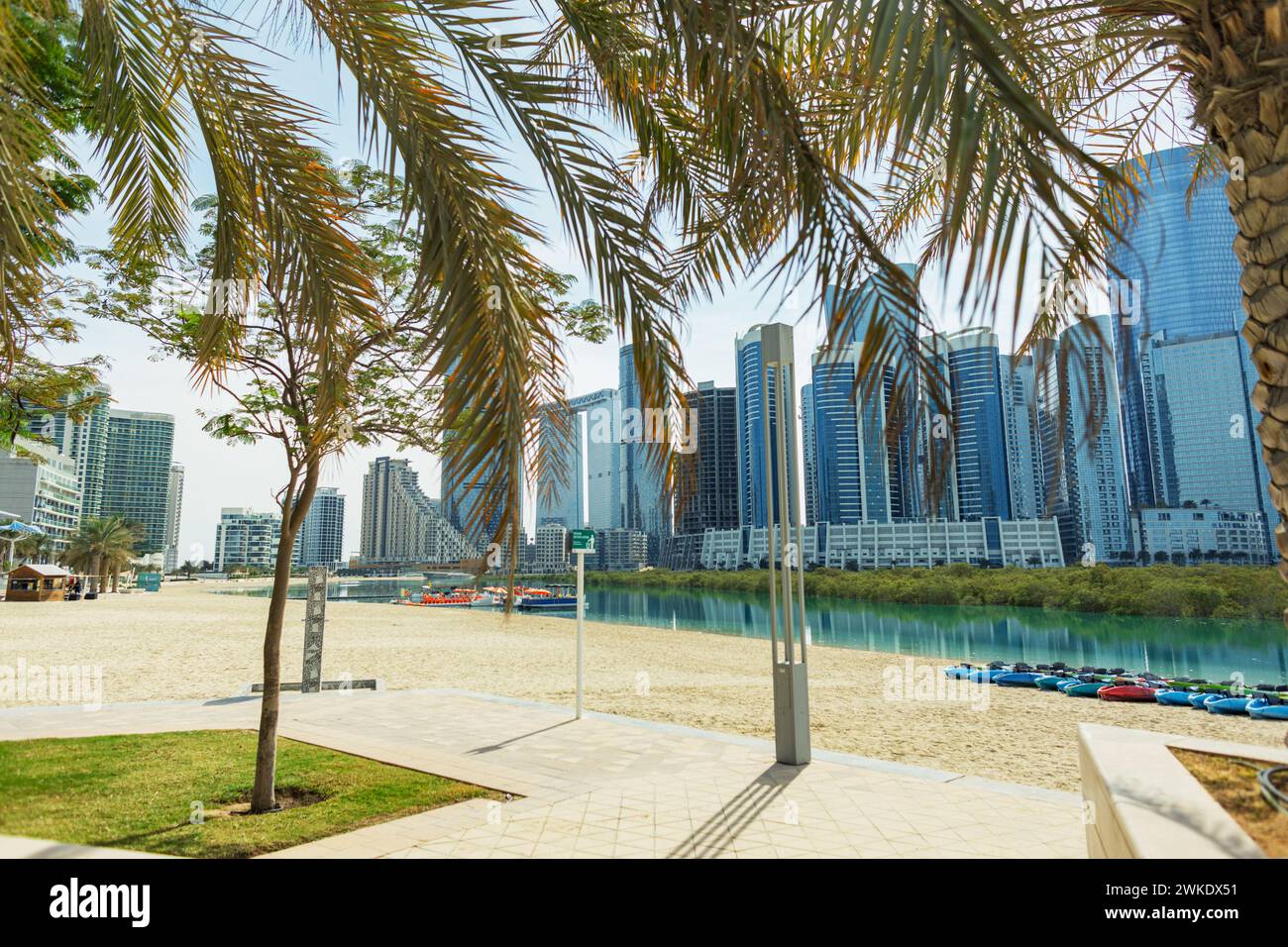 Beautiful beach with palm trees and sand overlooking the cityscape in ...