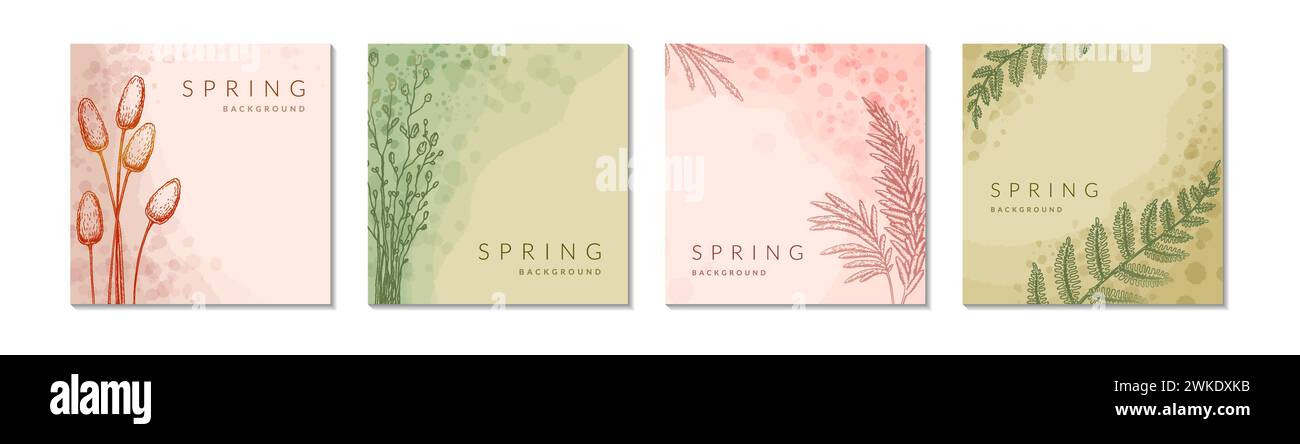 Spring floral watercolor abstract background set. Social media square post template. Spring flower design, greeting card, label, flyer, leaflet Stock Vector