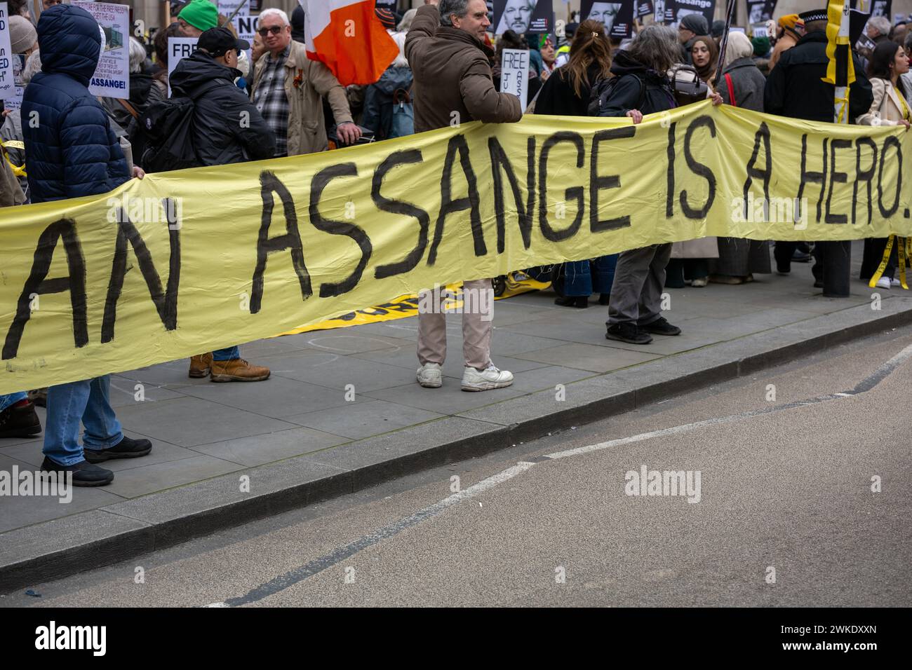 London, UK. 20th Feb, 2024. Supporters of Julian Assange outside the High Court that is hearing an appeal against his extradition to the USA Credit: Ian Davidson/Alamy Live News Stock Photo