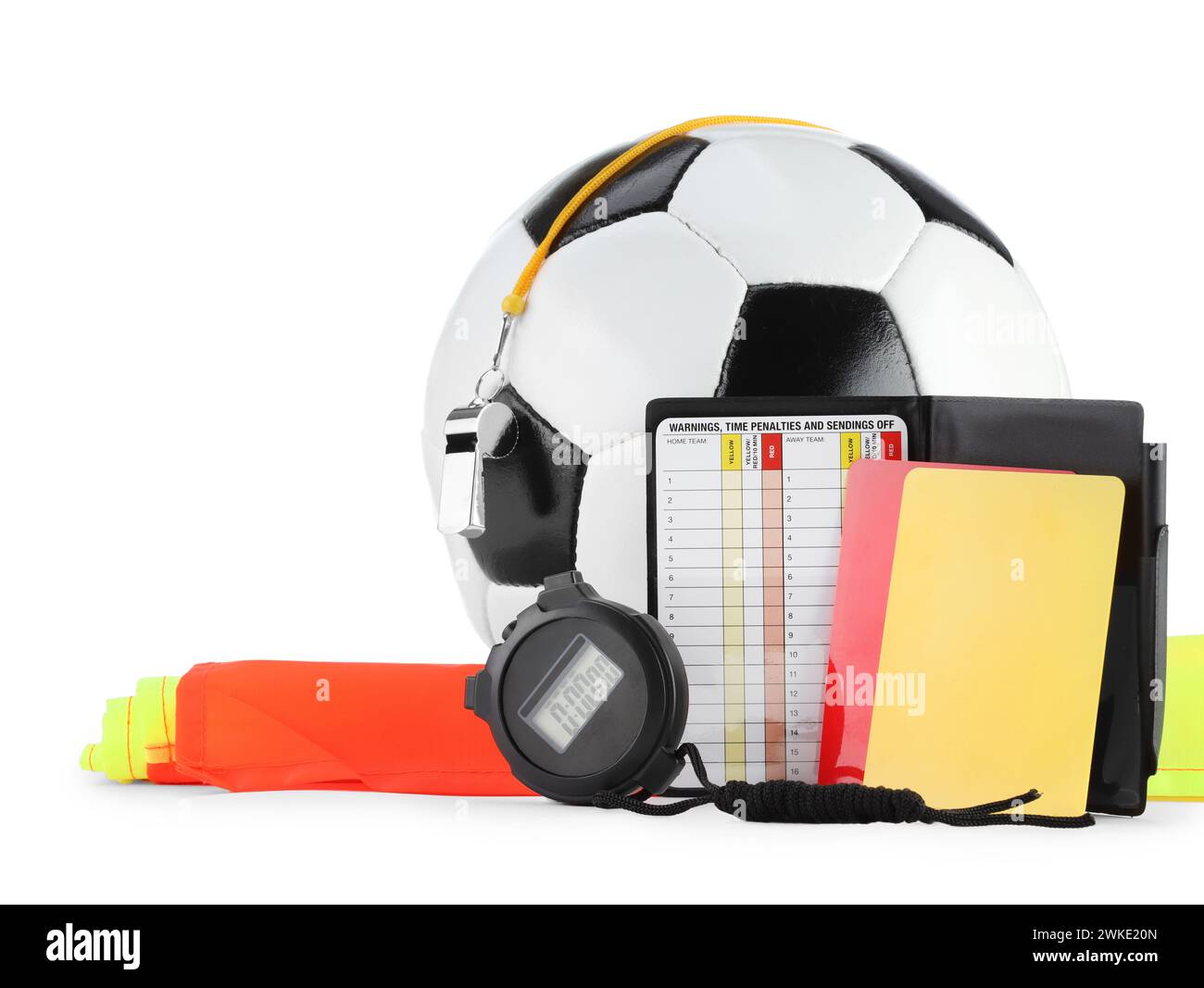 Soccer ball and different referee equipment isolated on white Stock