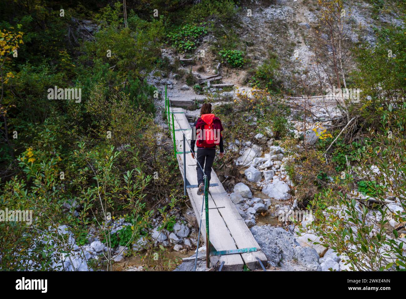 pass to Kamnisko sedlo over Rinka waterfall, Logarska Dolina, alps, Slovenia, Central Europe,. Stock Photo