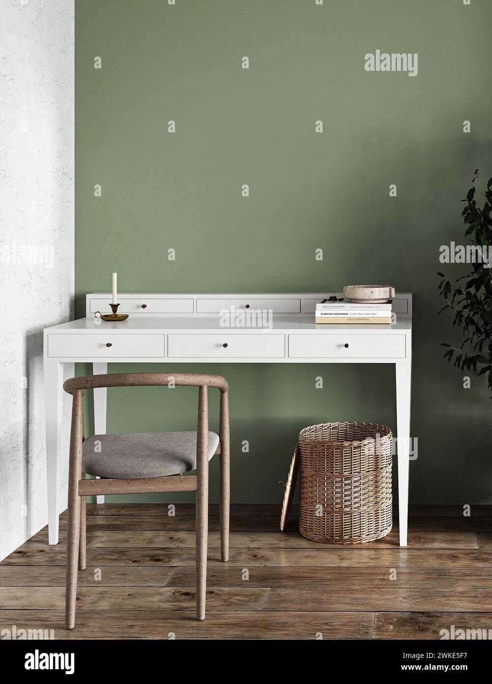 Minimalist home office with white desk and vintage wooden chair Stock ...