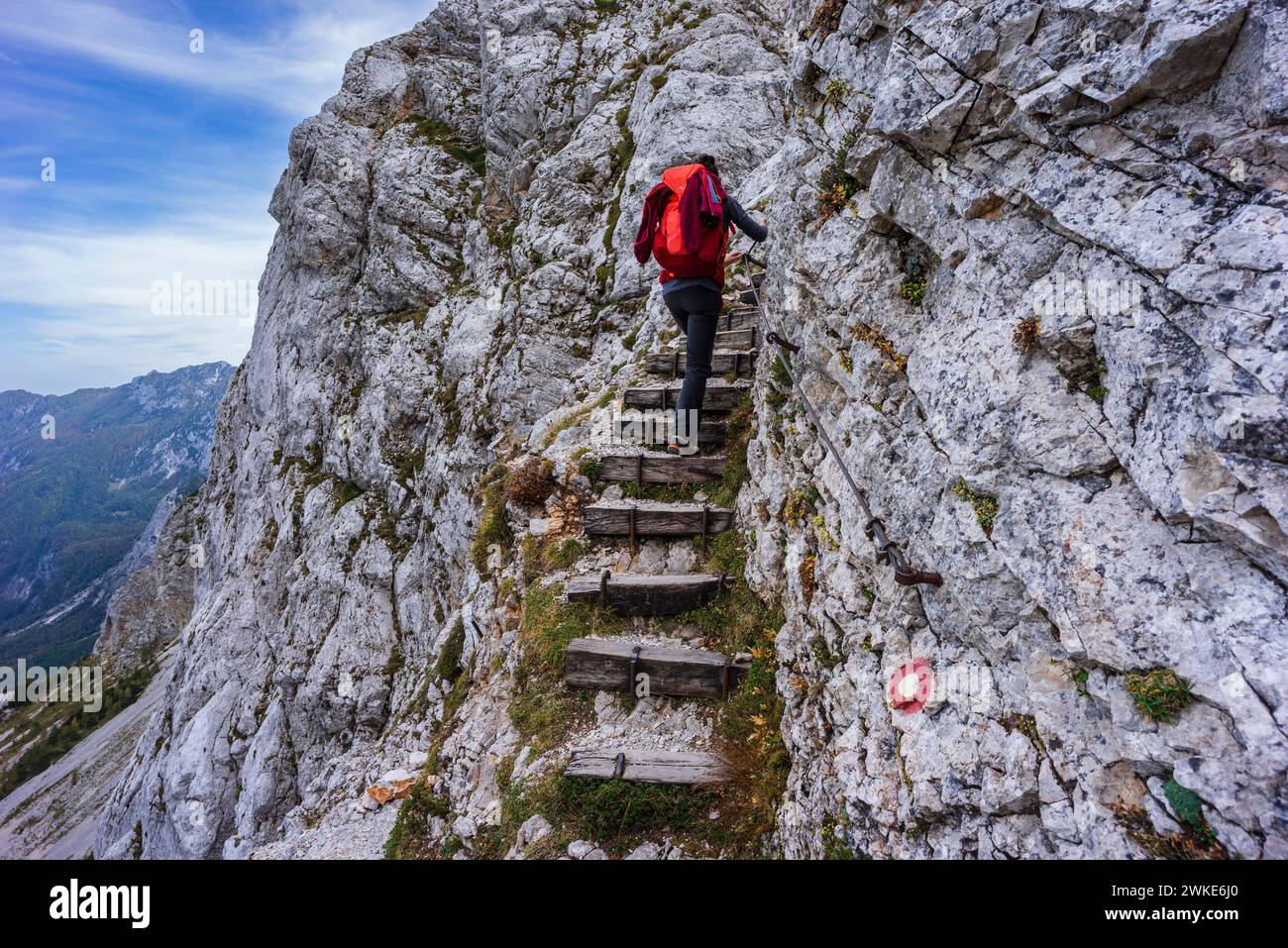 ascent to Kamni¨ko Sedlo, equipped path, alps, Slovenia, Central Europe,. Stock Photo