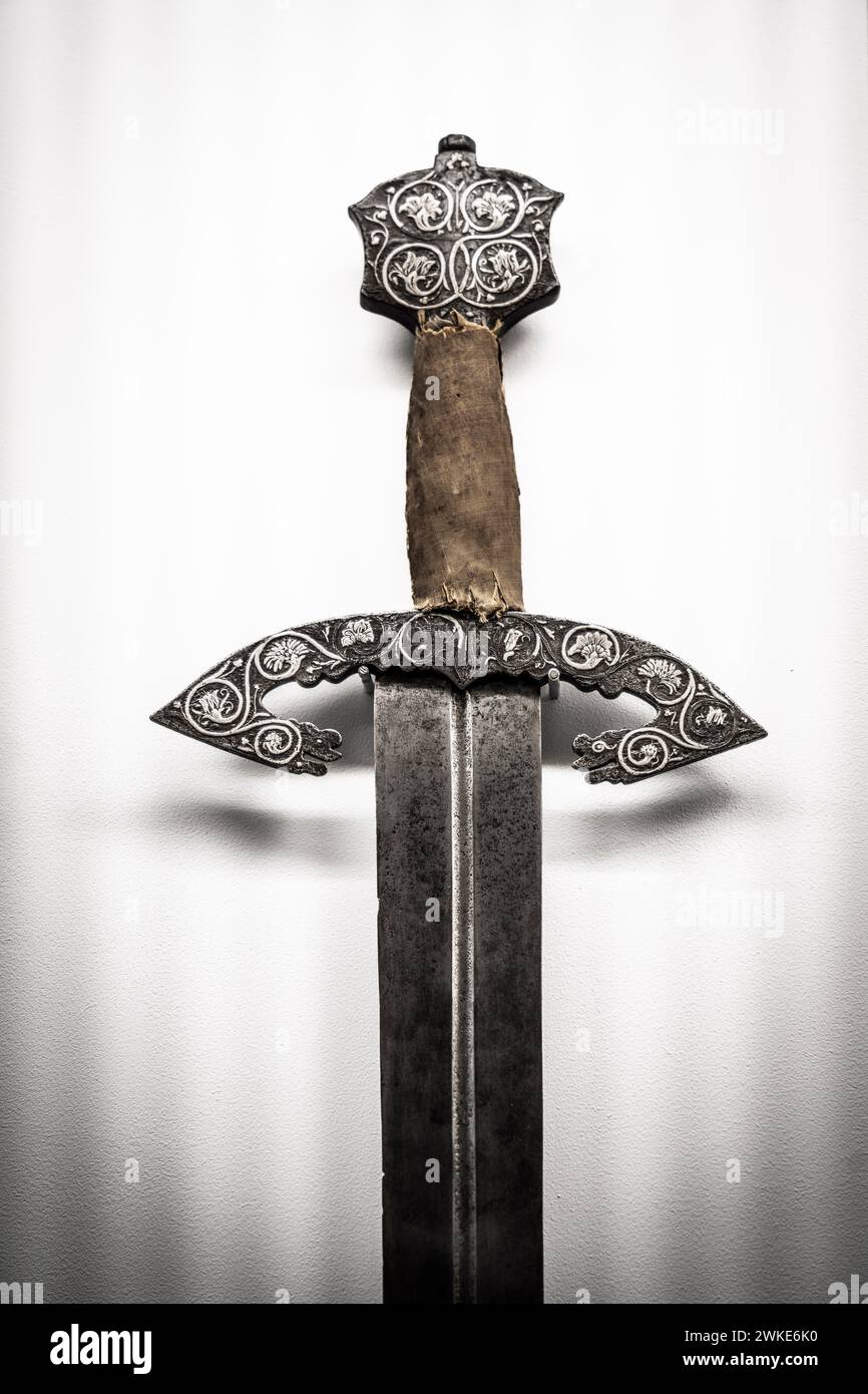 decorated hilt of ceremonial sword, 15th century, Álava Armory Museum, Vitoria, Basque Country, Spain. Stock Photo