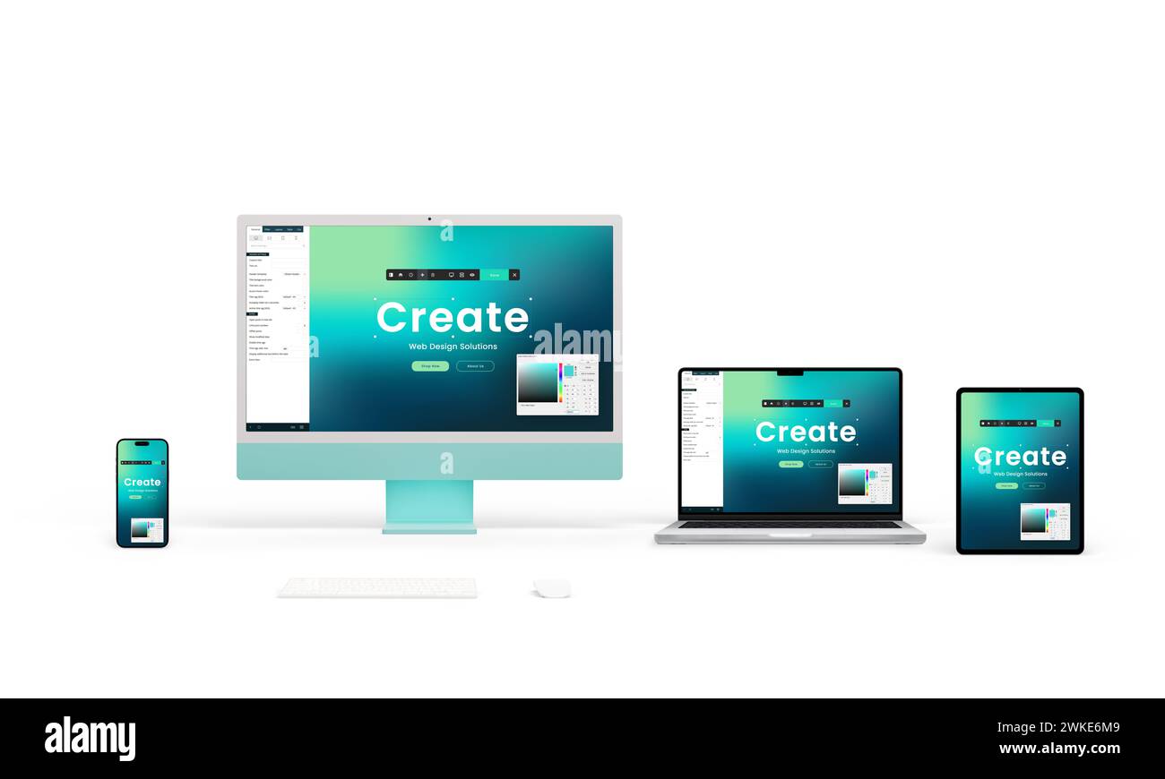 Computer, laptop, tablet, and phone displays showcase a responsive website creator interface with tools for web elements, modules, and color picking Stock Photo