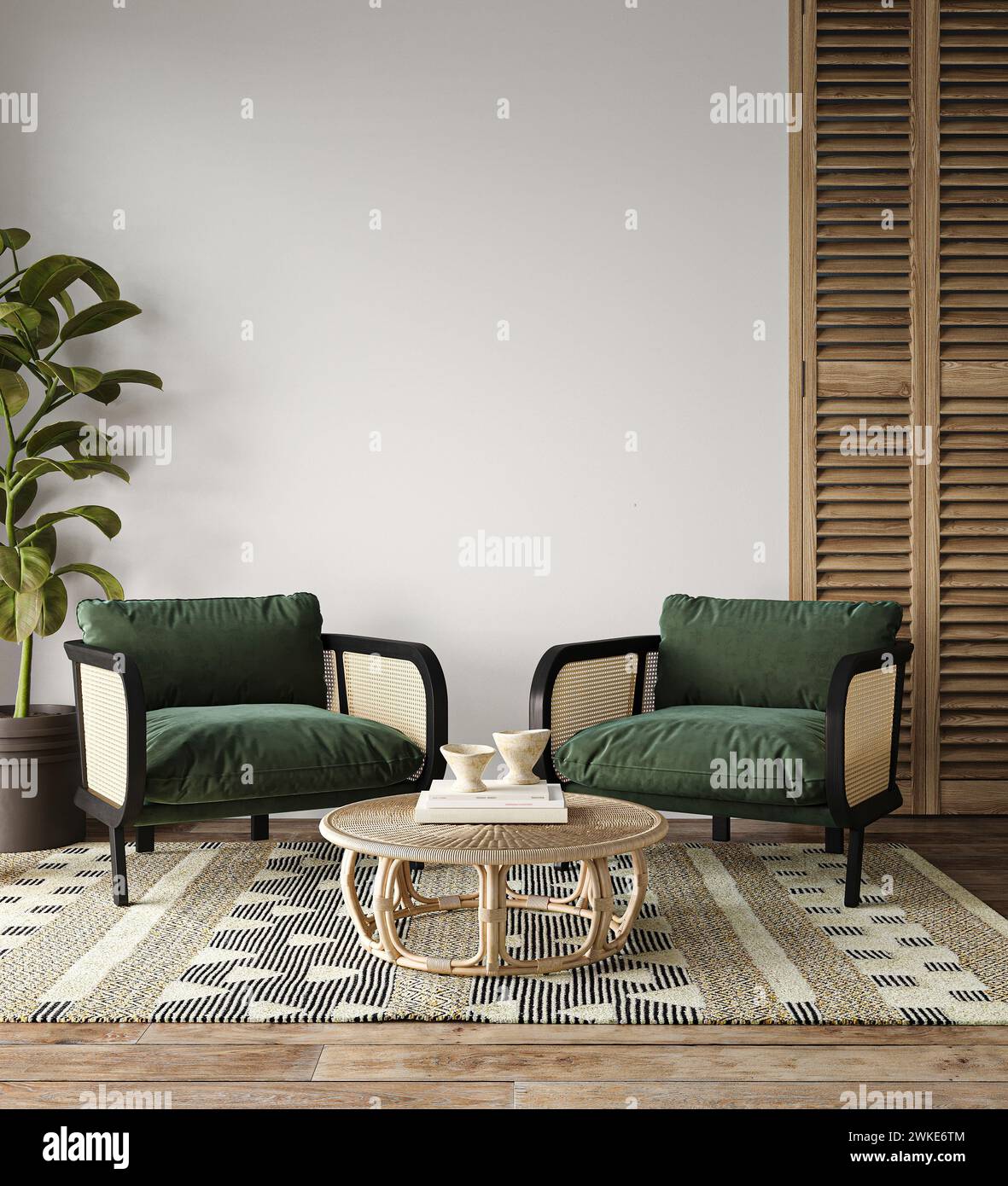 Modern living room interior with comfortable armchairs and geometric rug Stock Photo