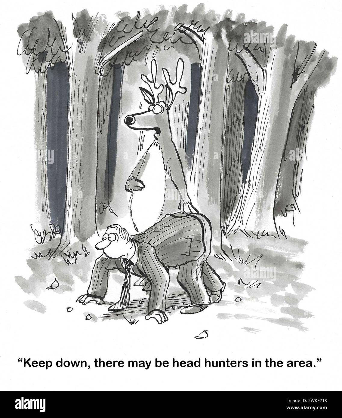 BW  cartoon of a deer advising a male human to crouch down, head hunters may be in the area. Stock Photo