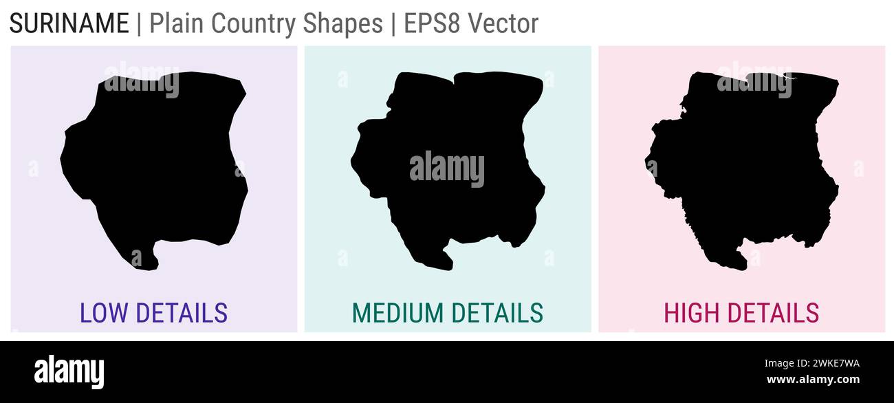 Suriname - plain country shape. Low, medium and high detailed maps of Suriname. EPS8 Vector illustration. Stock Vector