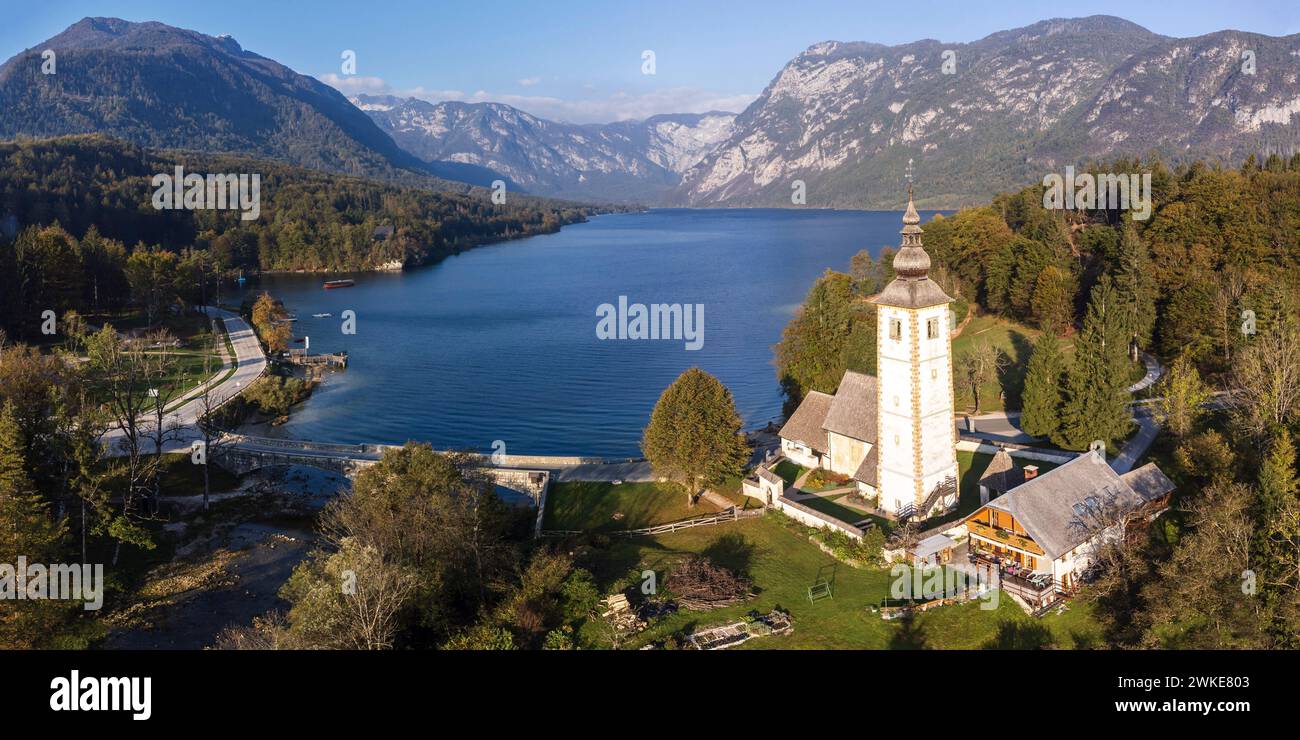 San Juan Bautista Church and Romanesque bridge. ,Lake Bohinj in Triglav National Park, julian alps, Slovenia, Central Europe,. Stock Photo