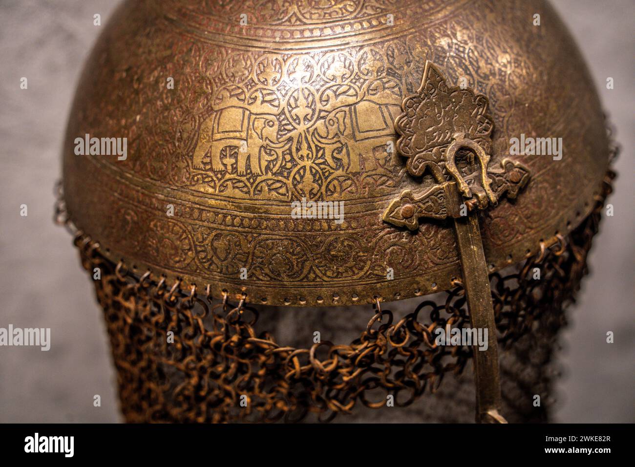 Persian helmet with engraved elephant scene, 16th century, Álava Armory Museum, Vitoria, Basque Country, Spain. Stock Photo