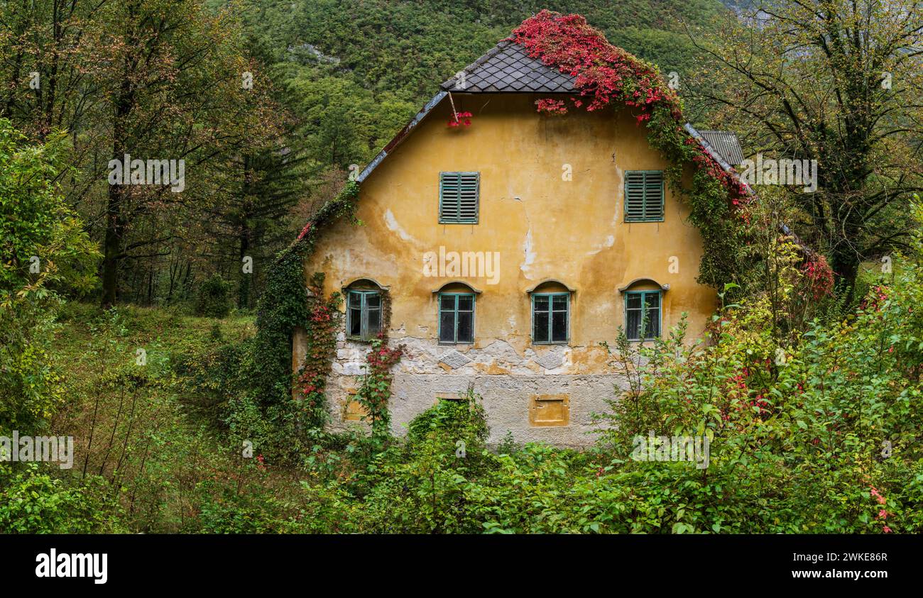 old abandoned house, Bav¨ica Valley in Triglav National Park, Bovec, Julian Alps. Slovenia, Central Europe. Stock Photo