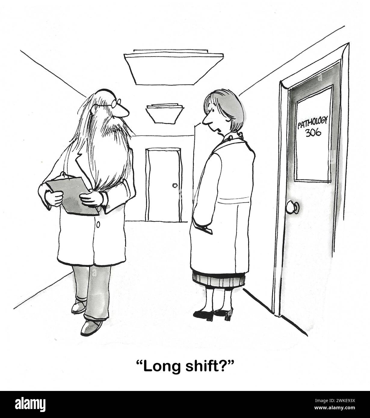 BW cartoon of a male hospital worker with a very, very long beard. His