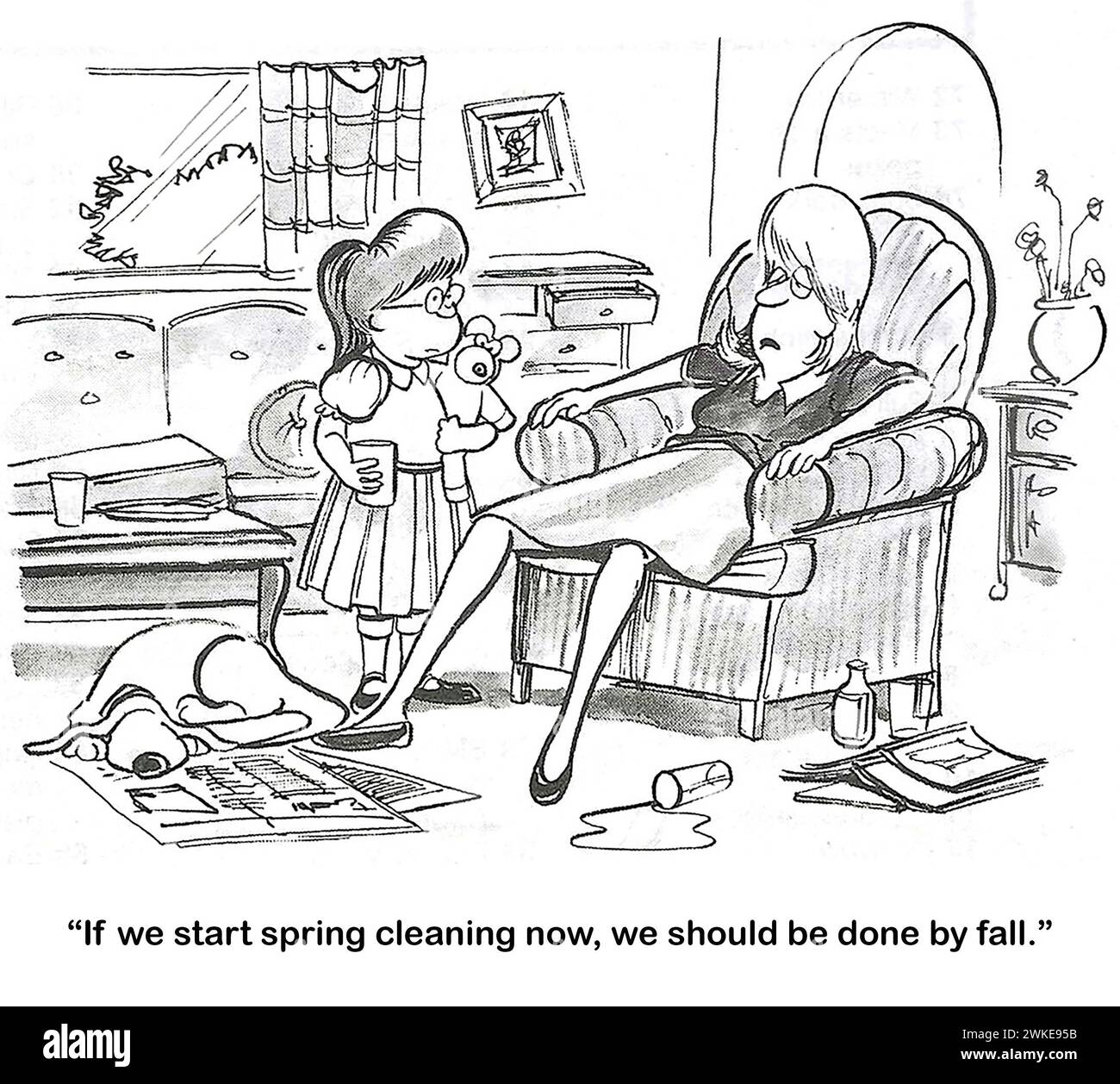 BW cartoon of a Mom and her daughter, their house is very messy.  She thinks it will take months to clean and is already exhausted. Stock Photo