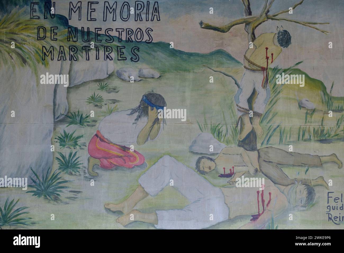 pintura mural, martires de la guerra civil, claustro de la iglesia, San Gaspar Chajul, departamento del Quiché , Triángulo Ixil, Guatemala, America Central. Stock Photo