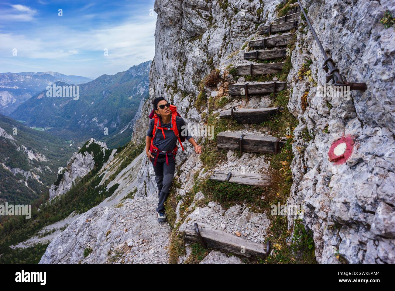 ascent to Kamni¨ko Sedlo, equipped path, alps, Slovenia, Central Europe,. Stock Photo