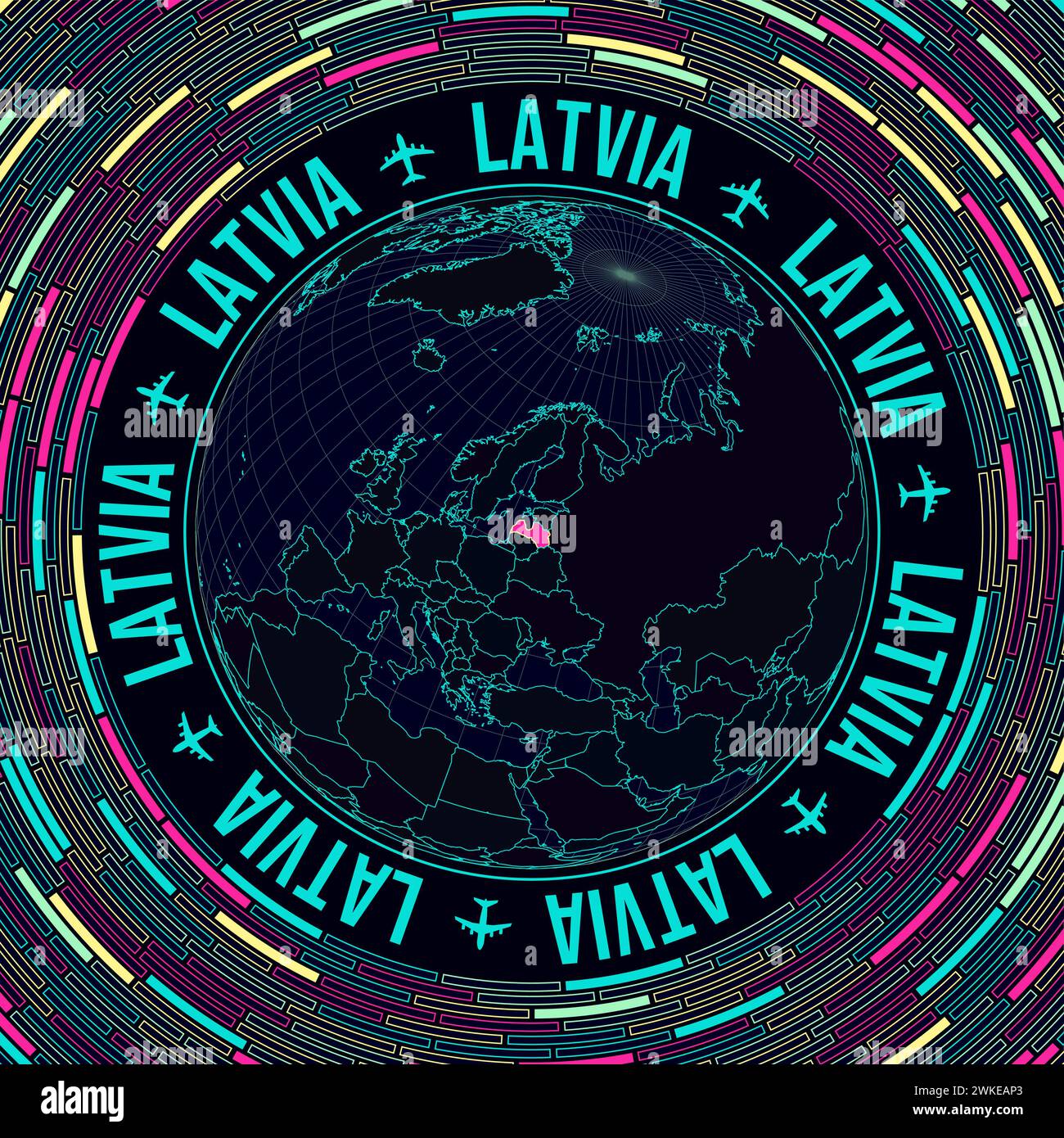 Latvia on globe. Satelite view of the world centered to Latvia. Bright neon style. Futuristic radial bricks background. Classy vector illustration. Stock Vector