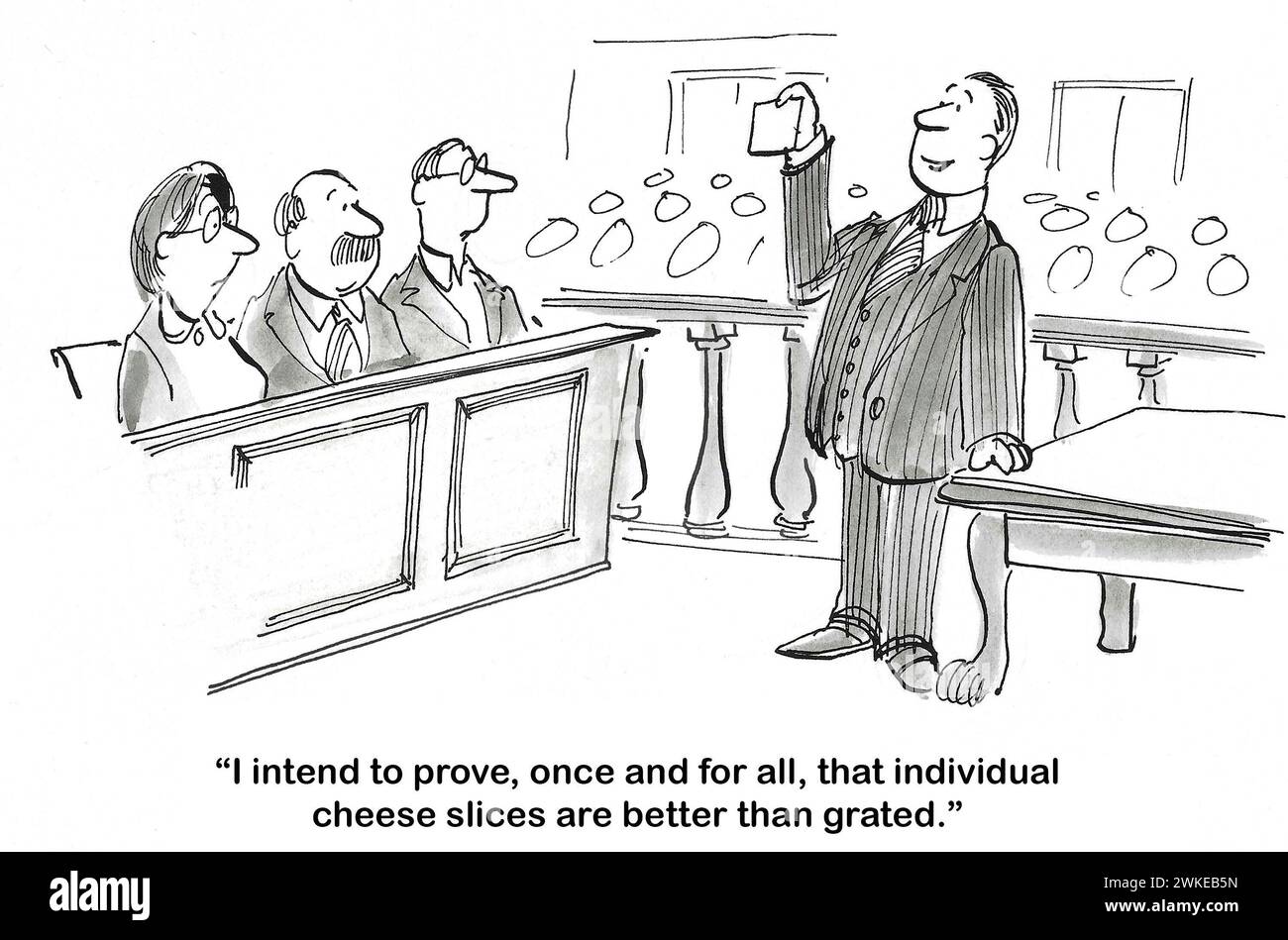 BW cartoon of a lawyer stating to the jury that he will prove cheese slices are better than grated cheese. Stock Photo