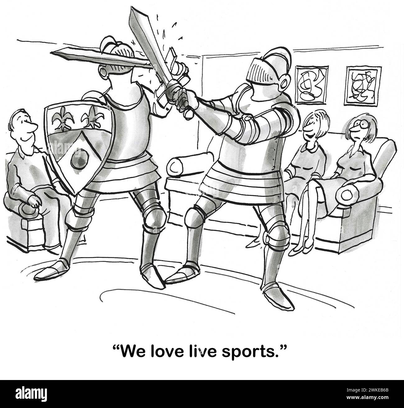 BW cartoon of two knights fighting with their swords in a contemporary family's living room. Stock Photo