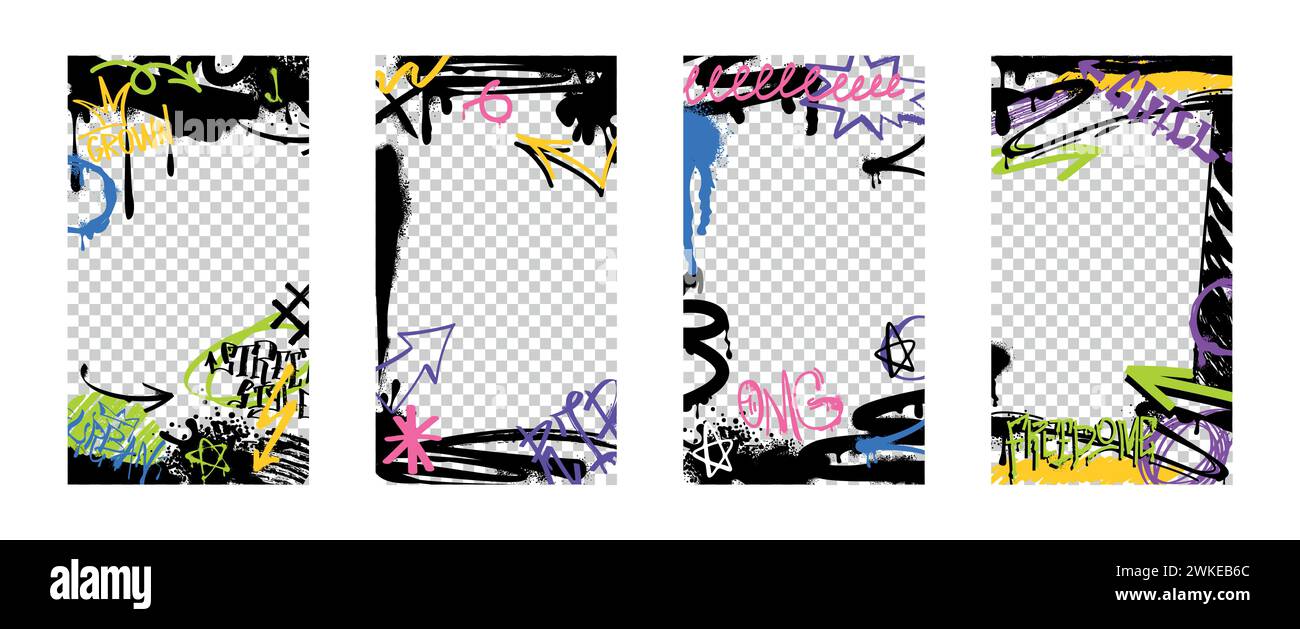 Spray paint borders or frames with graffiti color tags and urban elements with ink drips. Vector set of covers with abstract street art decoration, arrows and icons isolated on transparent background. Stock Vector