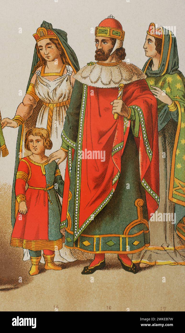 History of Italy. 1200. Doge of Venice and Venetian dames. Chromolithography. 'Historia Universal', by César Cantú. Volume VI, 1885. Stock Photo