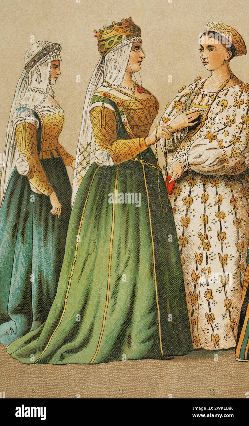 History of Italy. 1400. Queen of Cyprus flanked by ladies of the nobility. Chromolithography. 'Historia Universal', by César Cantú. Volume VI, 1885. Stock Photo