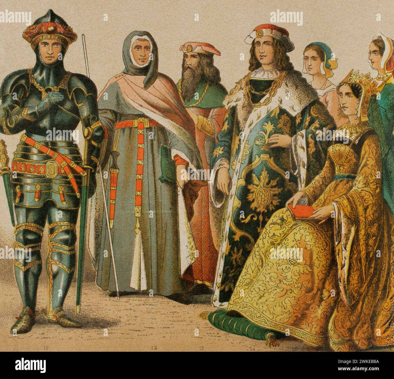 History of England. 1400-1450. From left to right, 11: knight, 12: criminal judge, 13: court of Henry VI, 14: Henry VI, 15: court of King Henry VI, 16: Margaret of Anjou (1430-1482), wife of King Henry VI, 17: court of King Henry VI. Chromolithography. 'Historia Universal', by César Cantú. Volume VI, 1885. Stock Photo